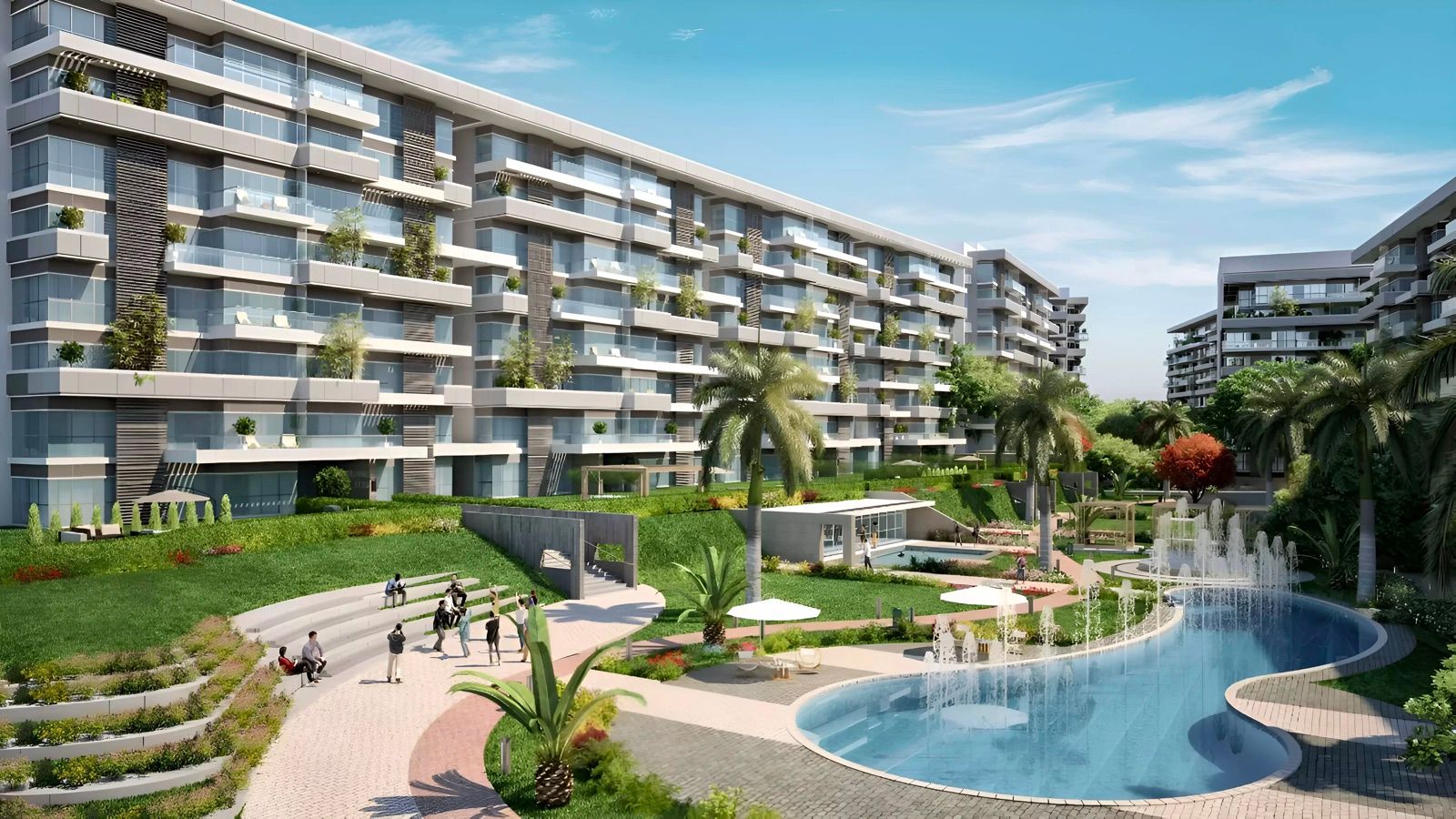 عمارات سكنية متدرجة تطل على حمام سباحة ومساحات خضراء في كمبوند سين 7، R7 العاصمة الإدارية — صورة تسويقية